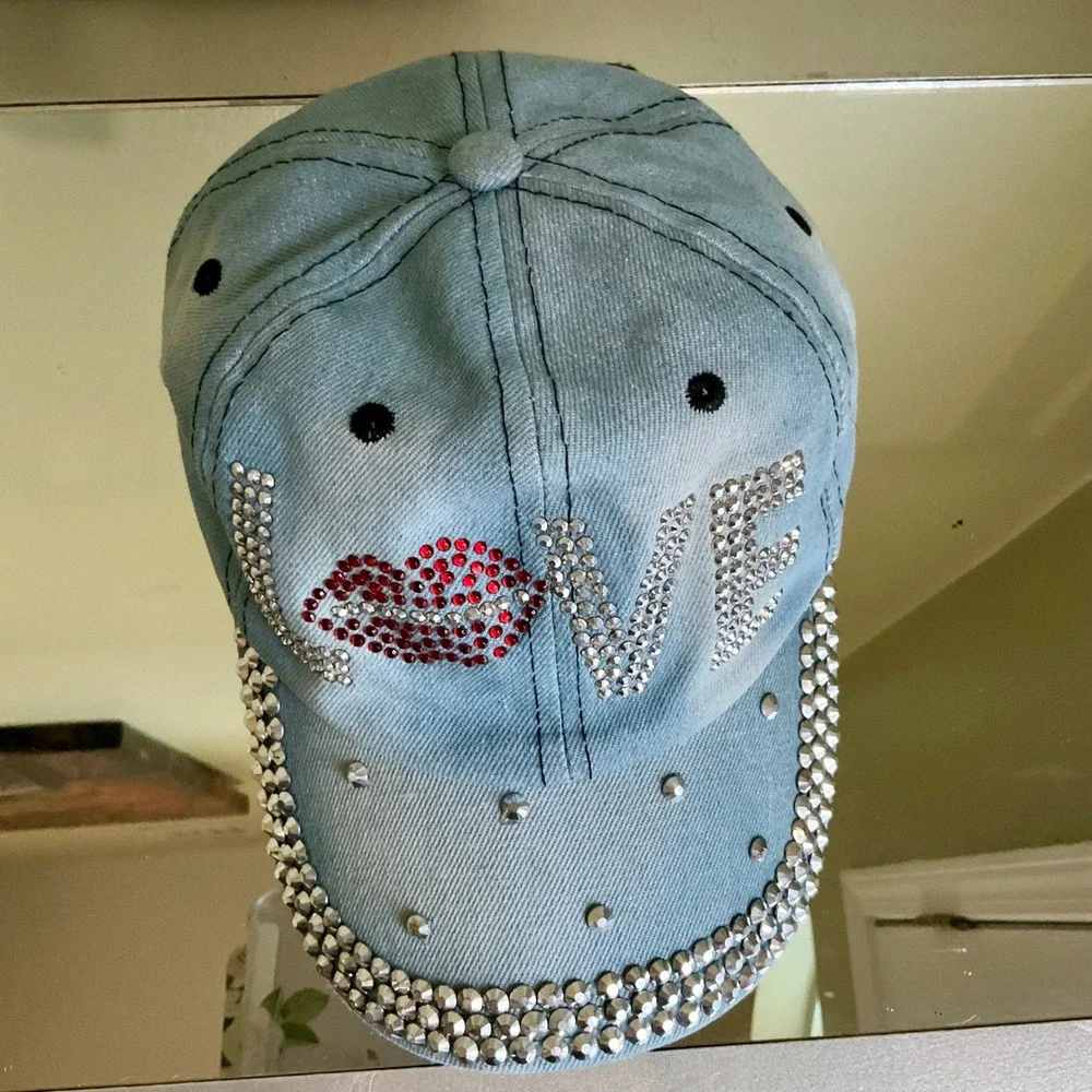 Y2K Bling Rhinestone LOVE Lips Denim Baseball Cap LightWash Studded Jean Dad Hat